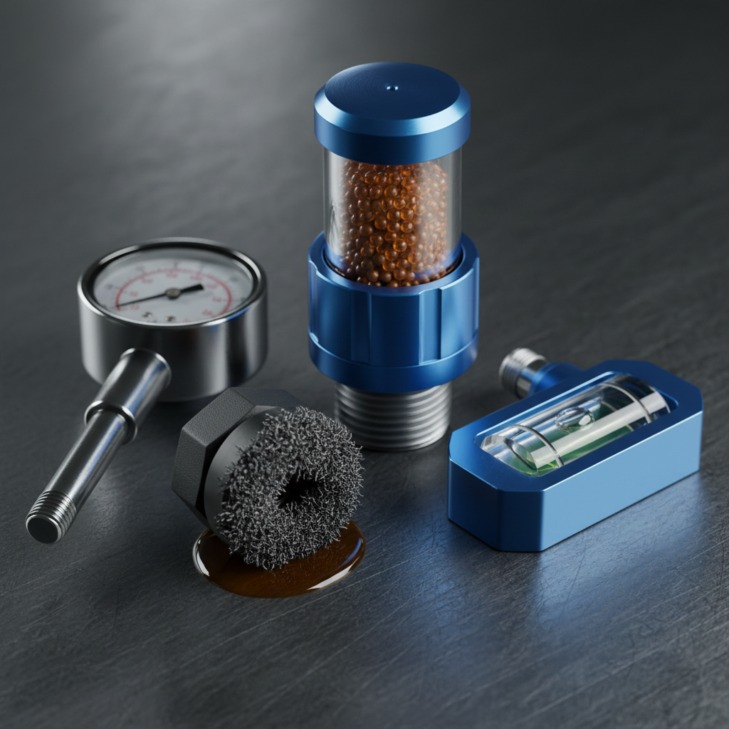 Hydraulic reservoir accessories arranged on a dark brushed steel surface: a filler breather cap with a spin-on desiccant element, a bayonet temperature gauge, a magnetic drain plug covered in fine ferrous particles, and a bubble level sight gauge