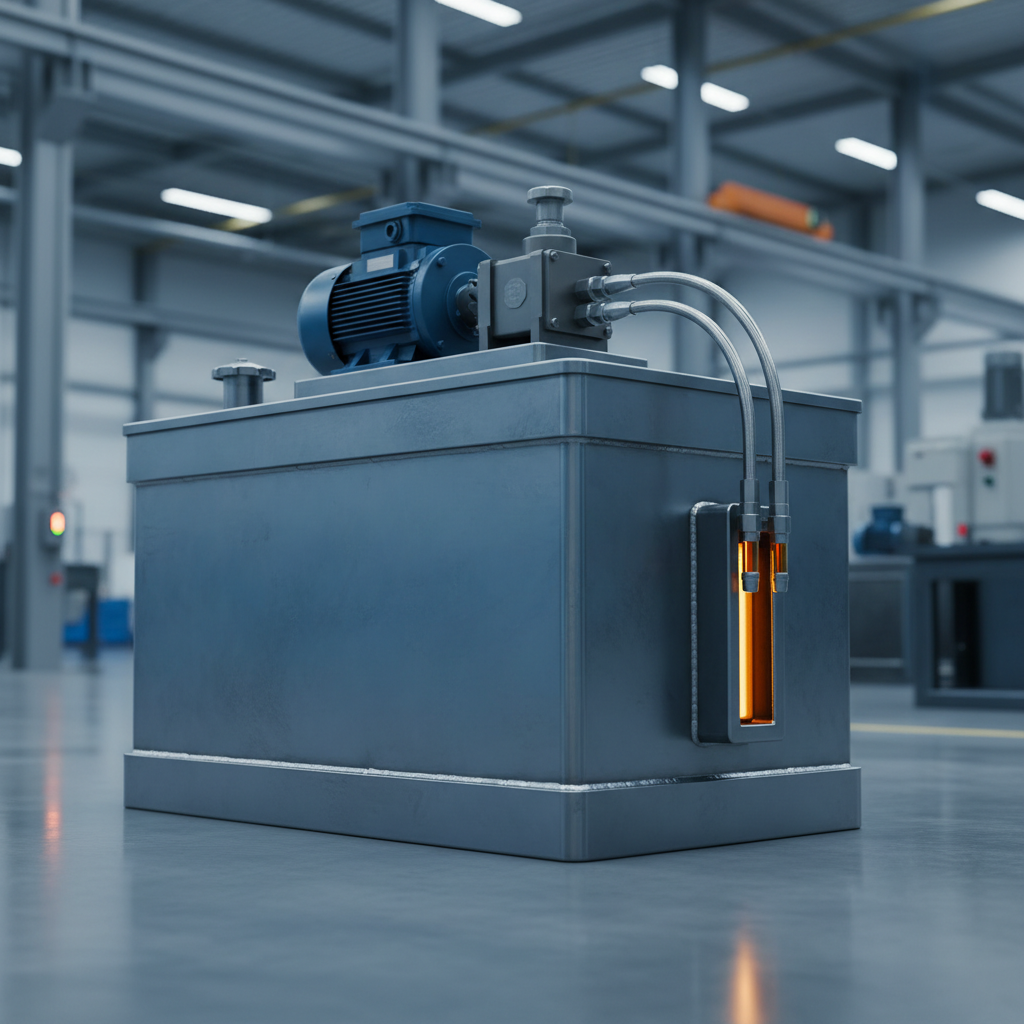 Welded steel hydraulic reservoir forming the base of a hydraulic power unit, with the electric motor and pump mounted on the top cover, a filler breather cap and an amber sight level gauge on the end wall