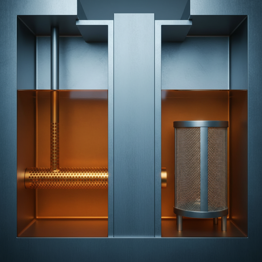 Engineering cutaway view inside a hydraulic oil tank showing a full-height baffle plate dividing the return zone from the suction zone, a submerged return diffuser and a suction strainer standing off the tank floor