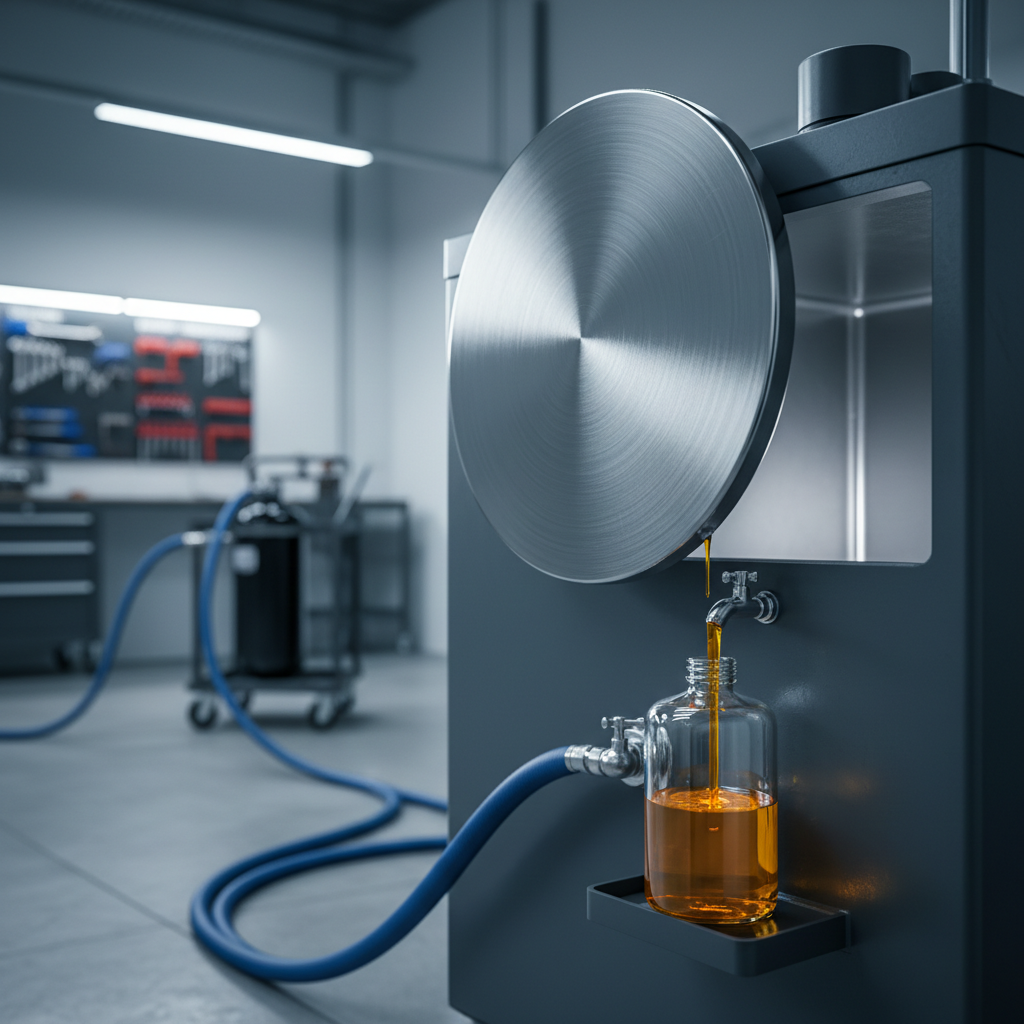 Hydraulic fluid maintenance detail: an opened tank clean-out cover swung aside and a bright amber oil sample being drawn into a clear glass sampling bottle