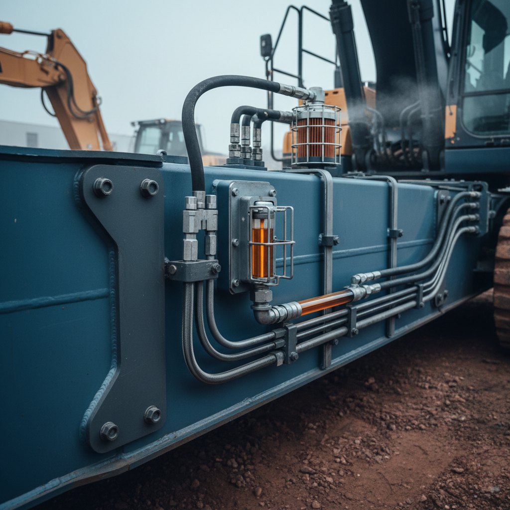 In-frame hydraulic oil tank integrated into the chassis rail of a heavy mobile machine, showing the welded reservoir section, hose runs, a guarded sight gauge and a protected breather